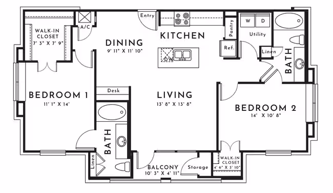 2 Beds • 2 Bath 02-209 floor plan